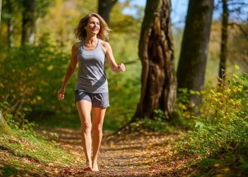 Femme marchant pieds nus dans une forêt mousseuse