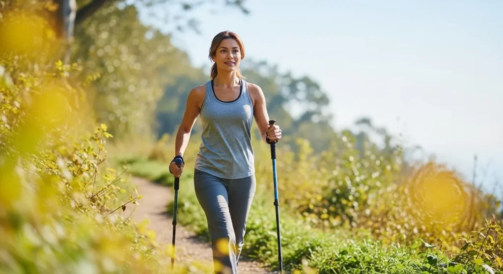 Femme confiante en randonnée en forêt automnale