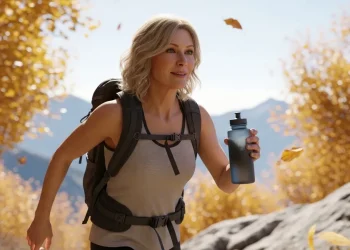 Femme randonneuse respirant profondément en montagne