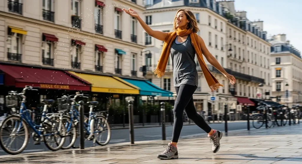 Jeune femme marchant sous la pluie en chaussures de randonnée