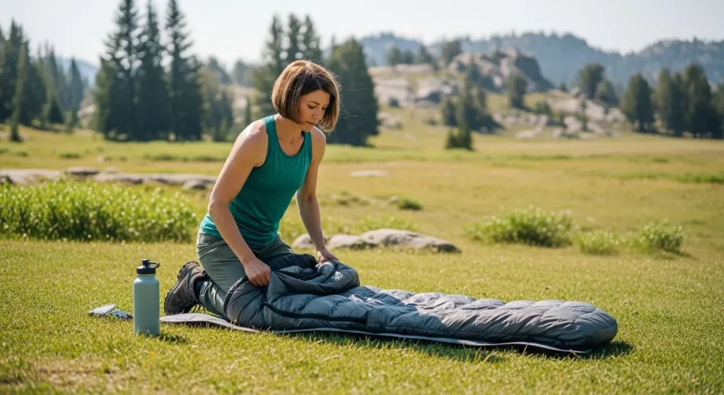 Femme déroulant son sac de couchage en pleine nature