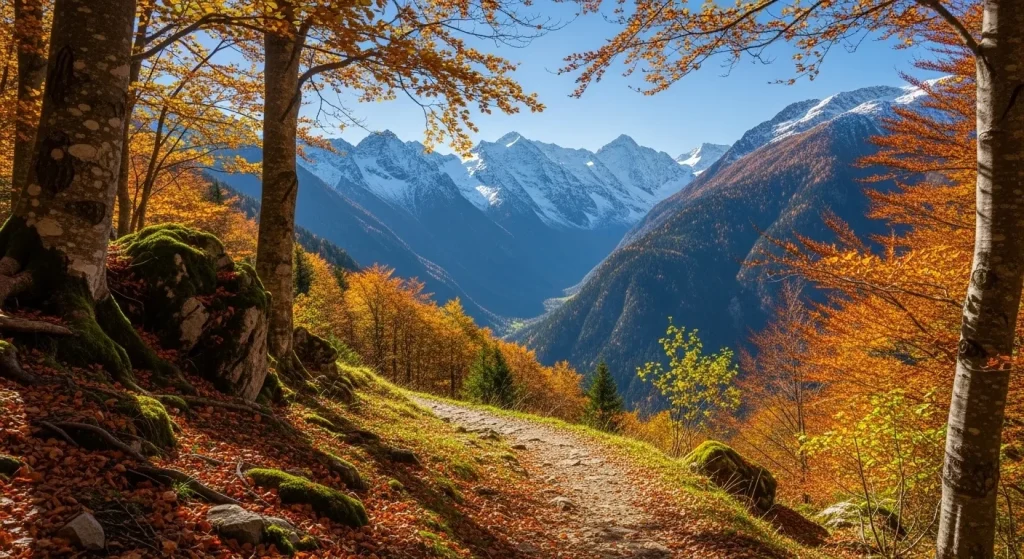 Chemin forestier en automne avec montagnes enneigées en Haute-Savoie