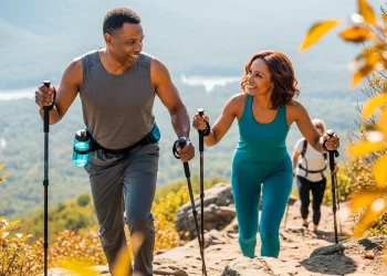 Couple de randonneurs descendant une montagne avec sourire
