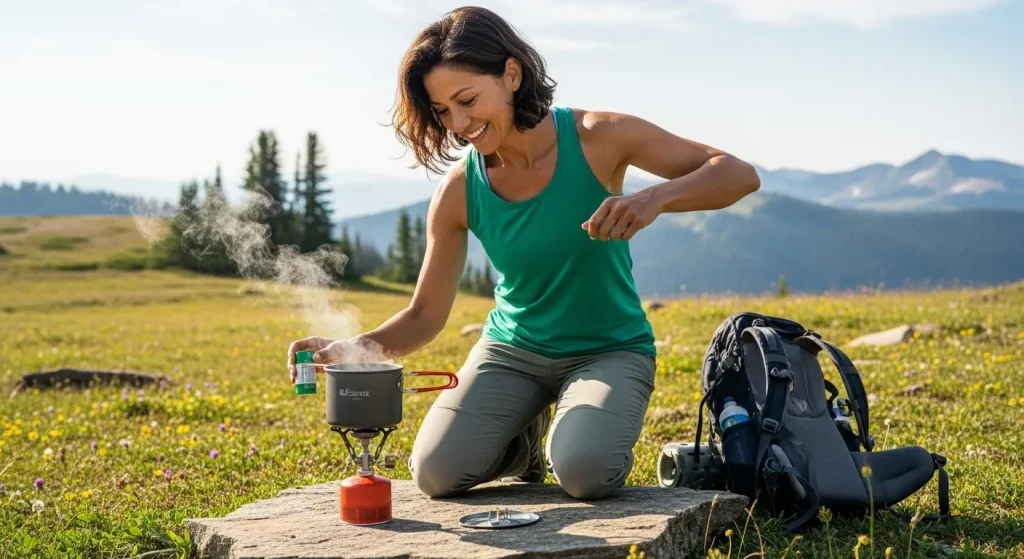 Randonneuse préparant son repas avec un réchaud à alcool en montagne