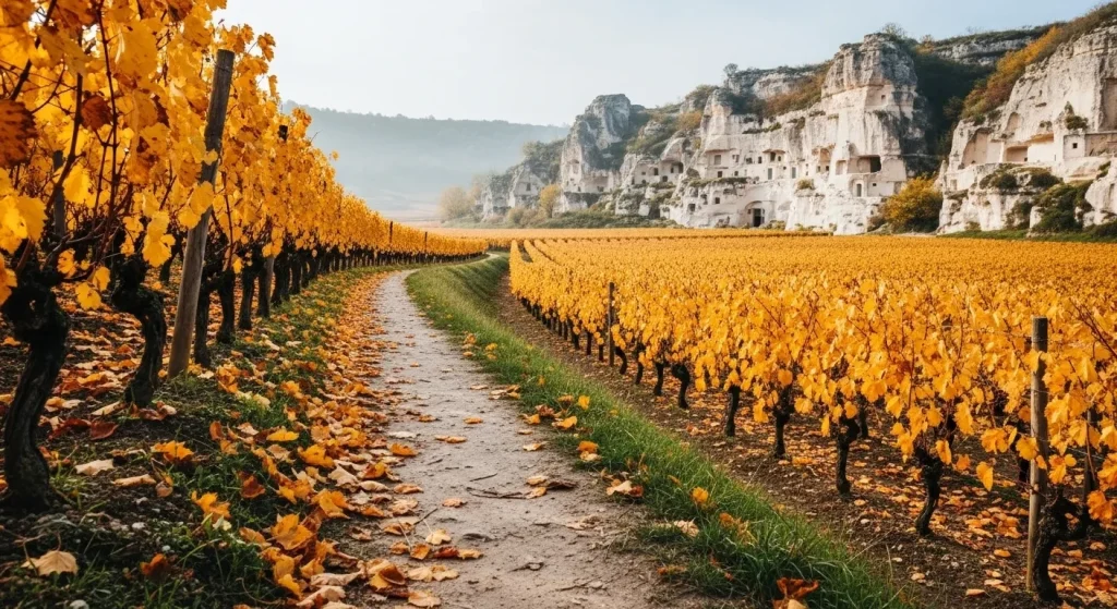 Sentier étroit traversant les vignes dorées vers un village troglodyte