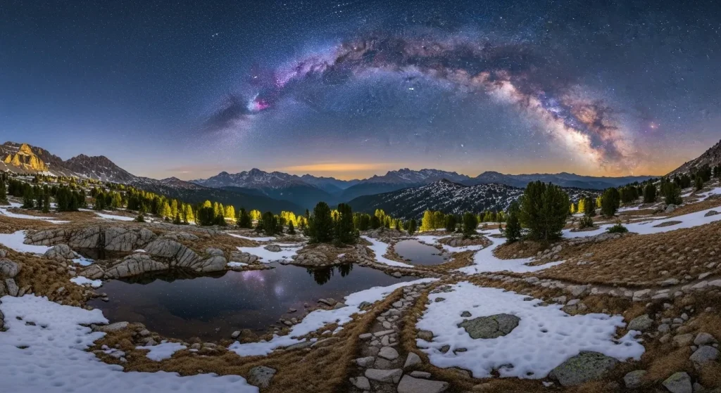 Paysage nocturne de vallée alpine sous la Voie Lactée