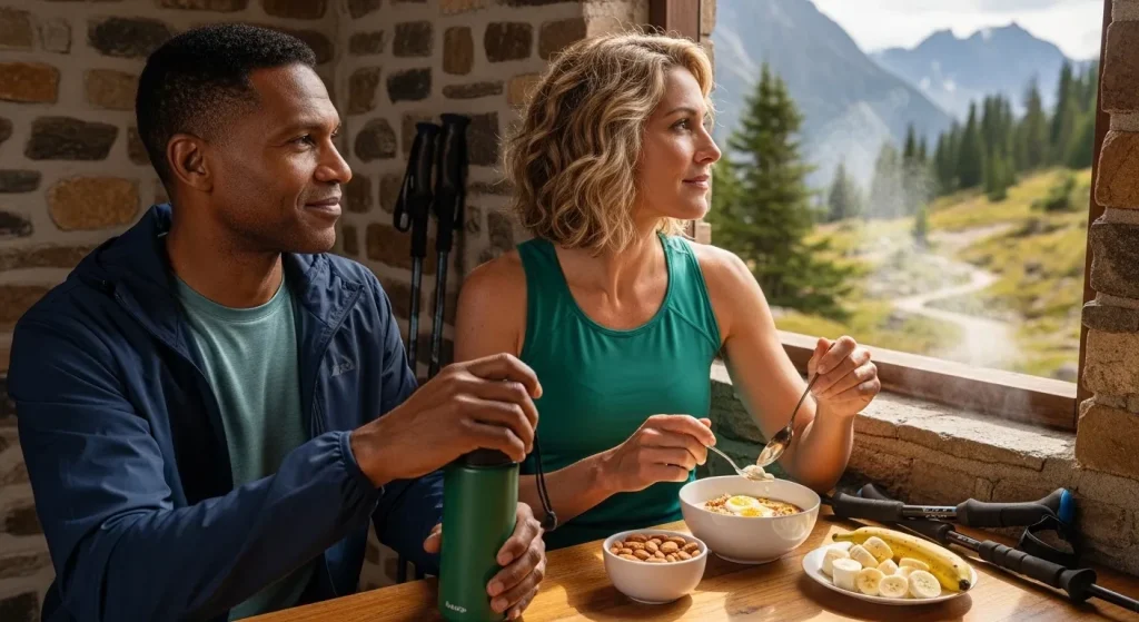 Couple prenant un petit-déjeuner énergétique avant une randonnée