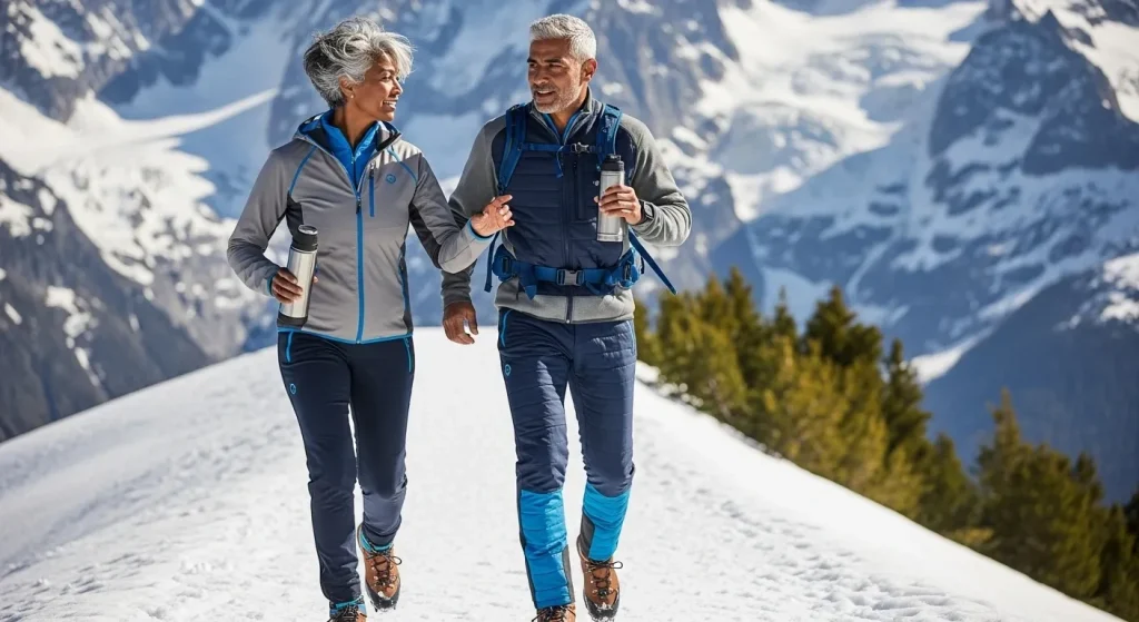 Couple randonnant vers le Mont-Blanc en hiver