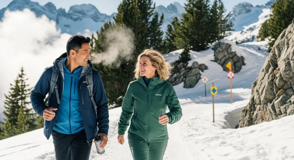 Couple randonnant dans la neige avec vêtements Gore-Tex