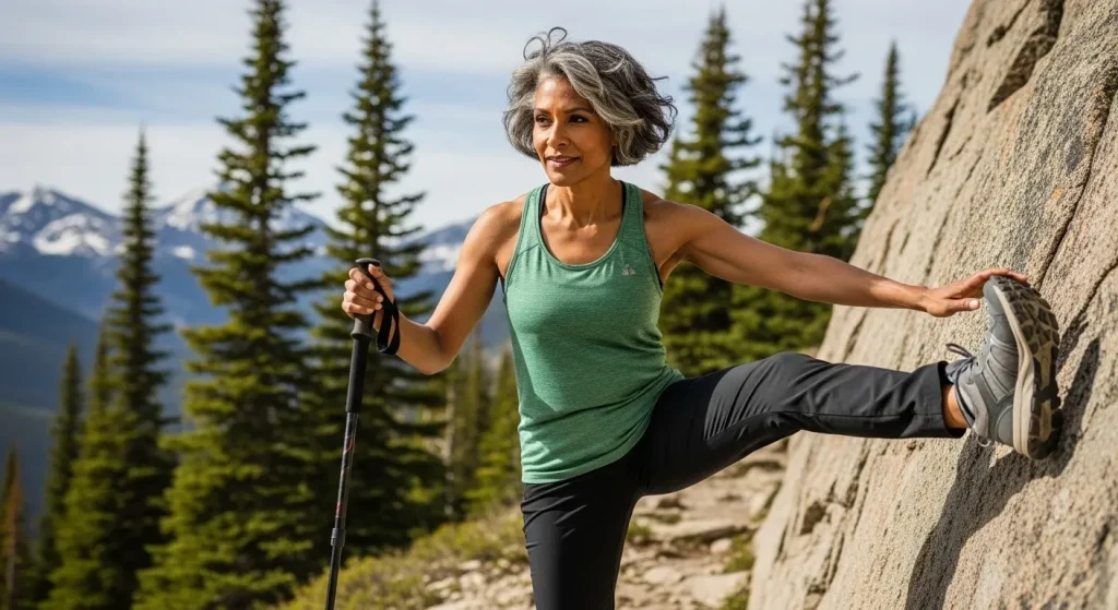 Femme de 60 ans en randonnée hivernale dynamique