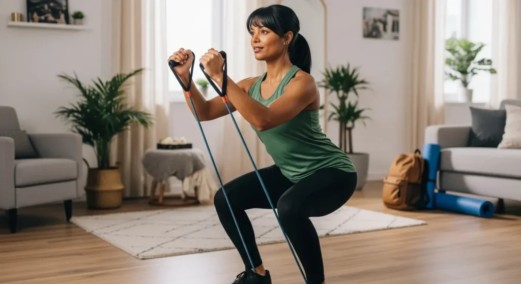 Femme utilisant des bandes de résistance pour un entraînement à domicile