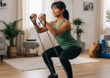 Femme utilisant des bandes de résistance pour un entraînement à domicile