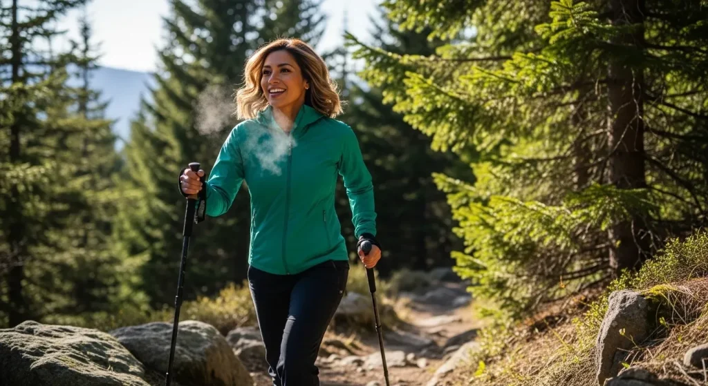 Femme en marche énergique dans une forêt