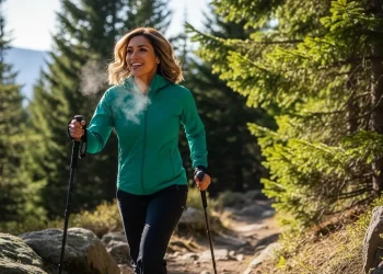Femme en marche énergique dans une forêt