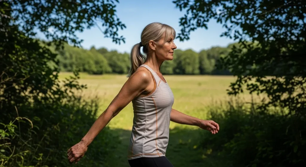 Femme marchant avec confiance dans un sentier naturel