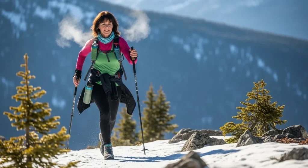 Femme pratiquant la marche nordique en montagne enneigée