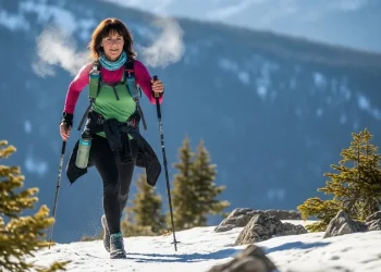 Femme pratiquant la marche nordique en montagne enneigée