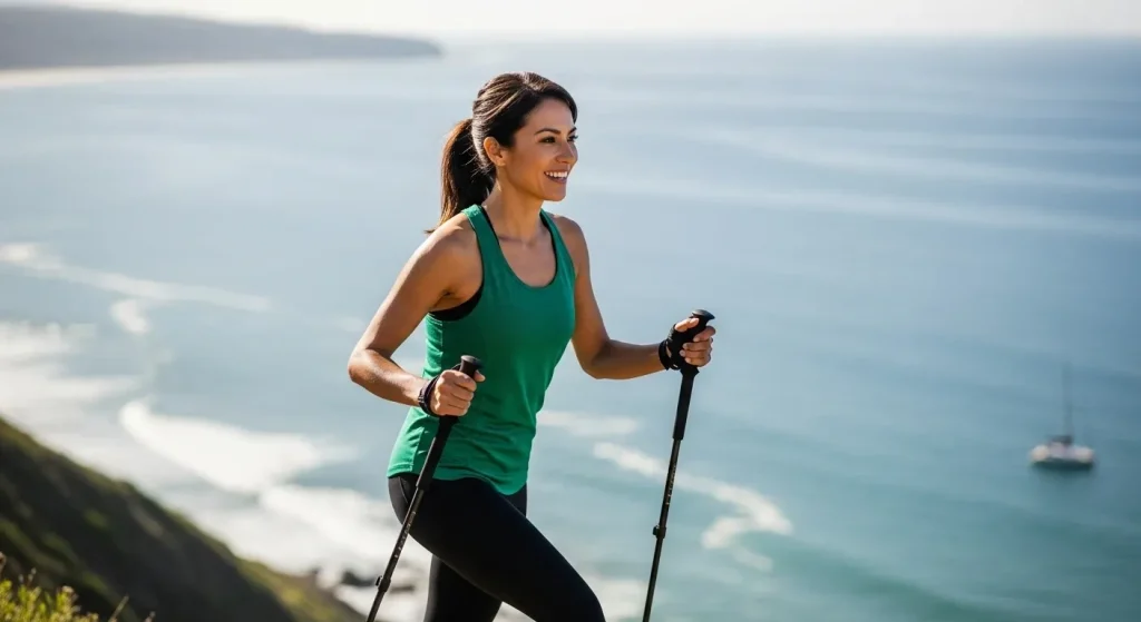Femme sportive en randonnée sur un sentier côtier