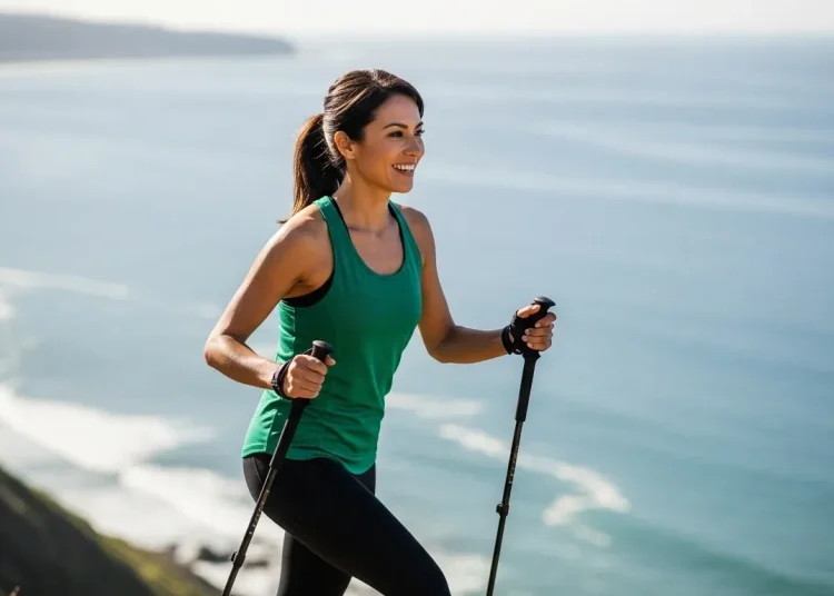 Femme sportive en randonnée sur un sentier côtier