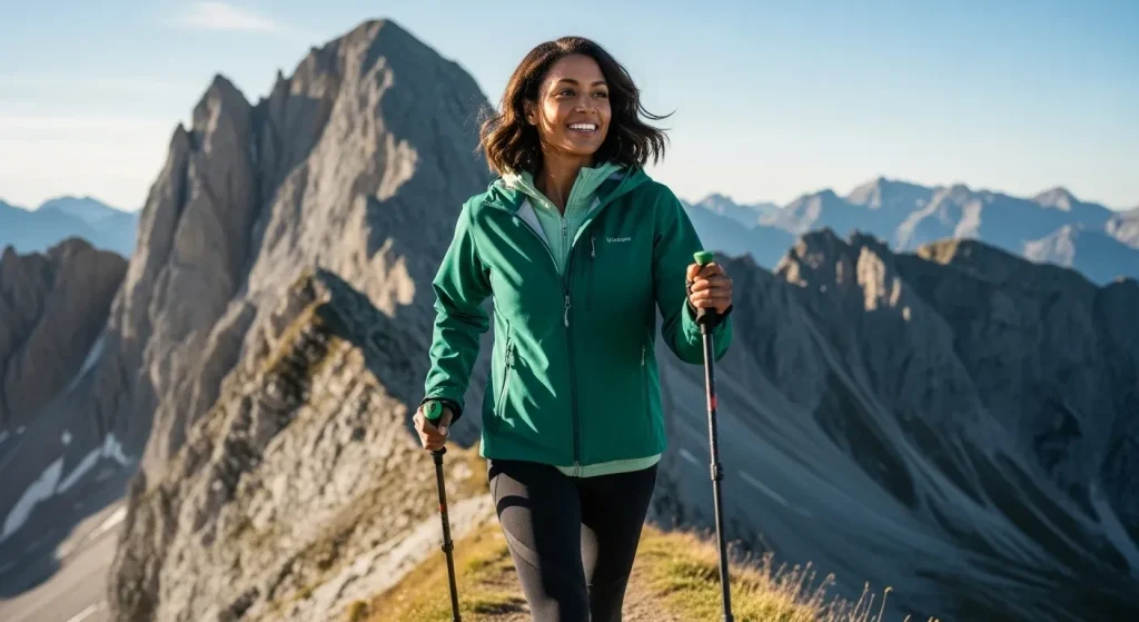 Femme en randonnée avec veste hardshell émeraude