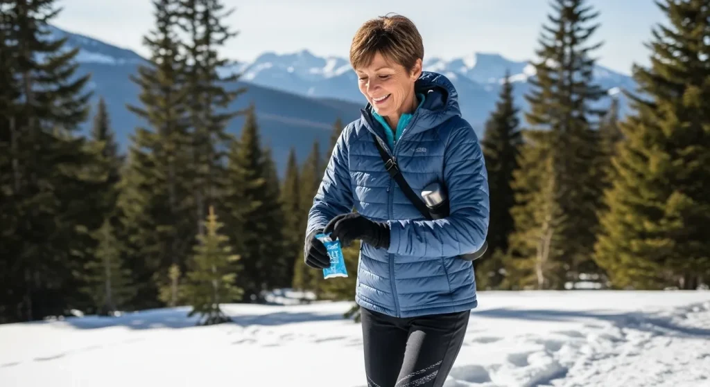 Femme sportive marchant dans la forêt enneigée avec thermos