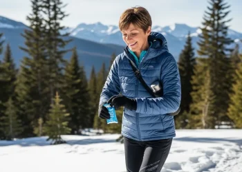 Femme sportive marchant dans la forêt enneigée avec thermos