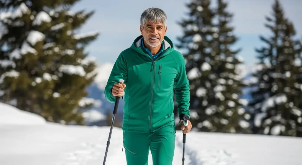 Homme sportif en randonnée hivernale avec bâtons