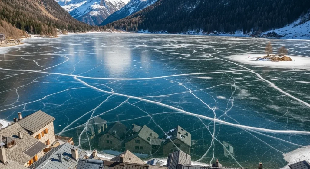 Village émergeant sous la glace du lac Chevril