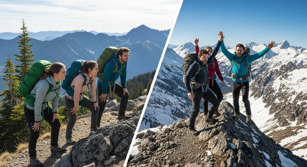 Randonneurs alpins avant et après l'ascension