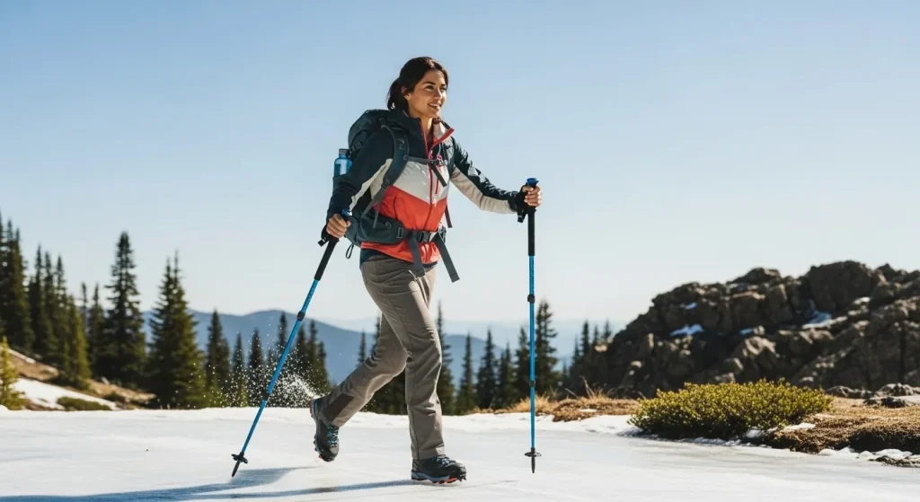 Randonneuse en confiance sur pistes alpines enneigées