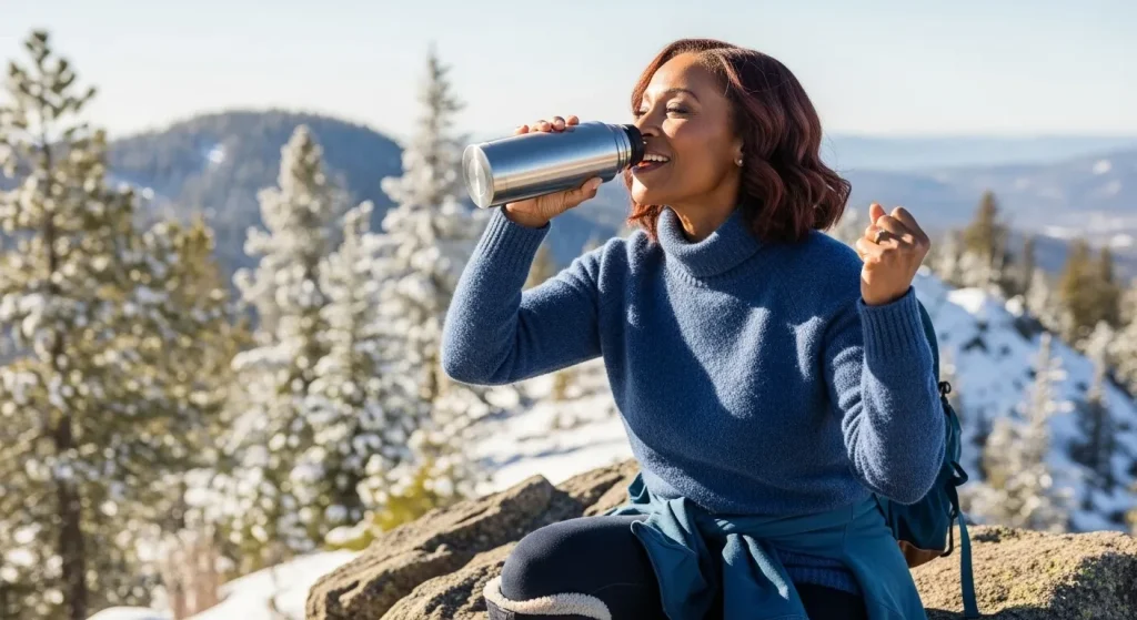 Randonneuse hivernale au sommet avec boisson chaude