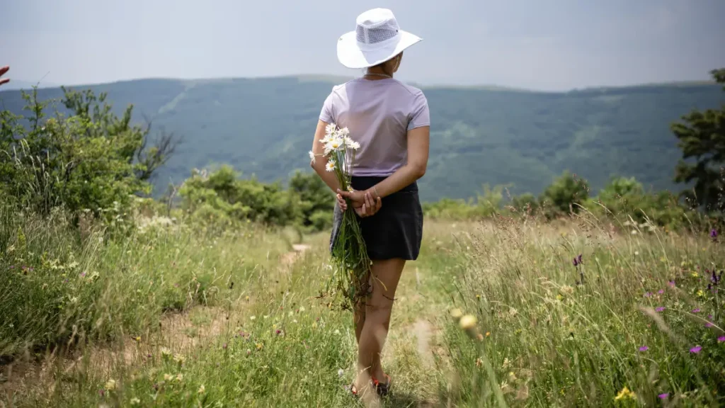 cueilir une fleur en randonnée