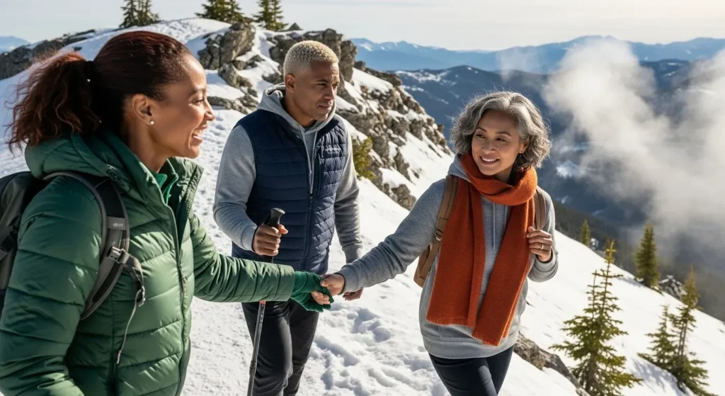 Groupe d'amis randonnant sur une montagne enneigée en hiver