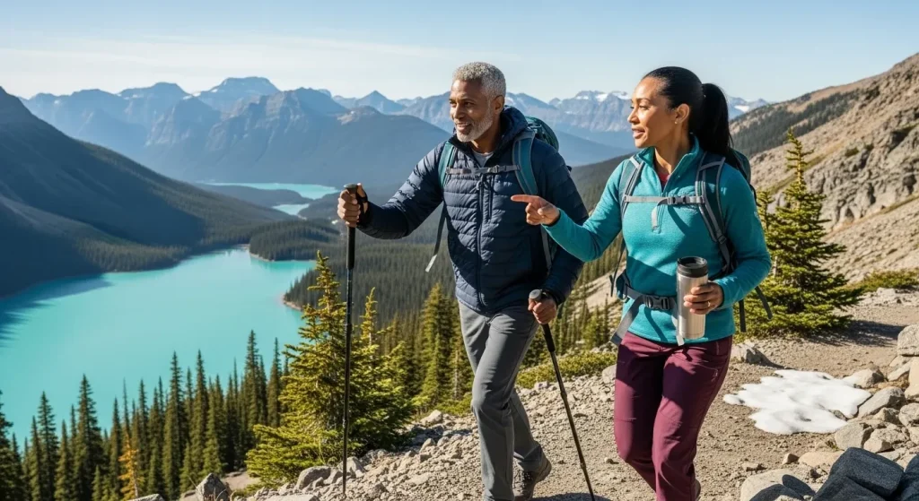 Couple randonnant en montagne alpine en janvier
