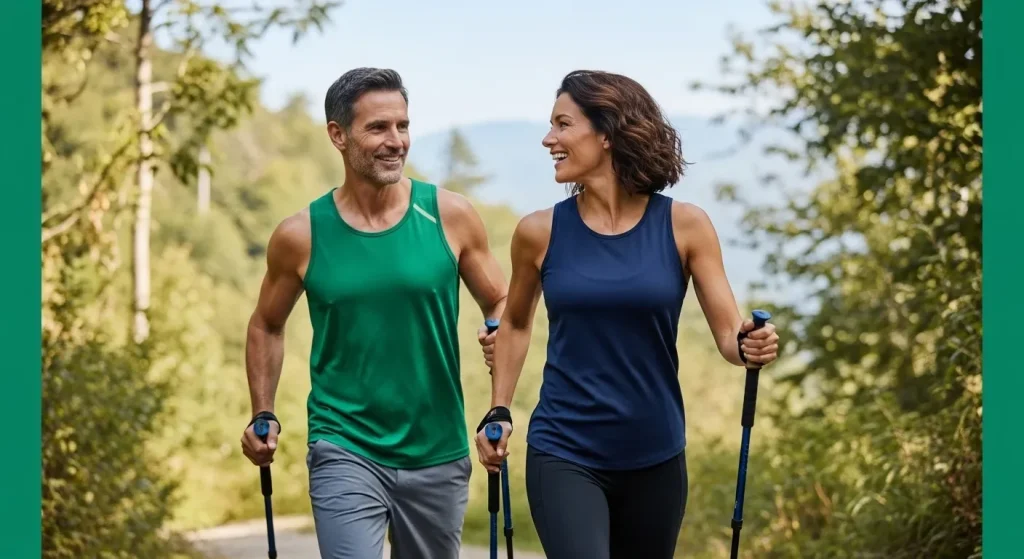 Couple marchant avec joie sur un sentier forestier