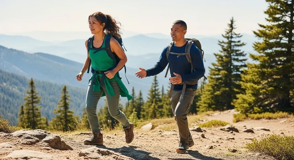 Couple motivé en randonnée en montagne