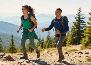Couple motivé en randonnée en montagne