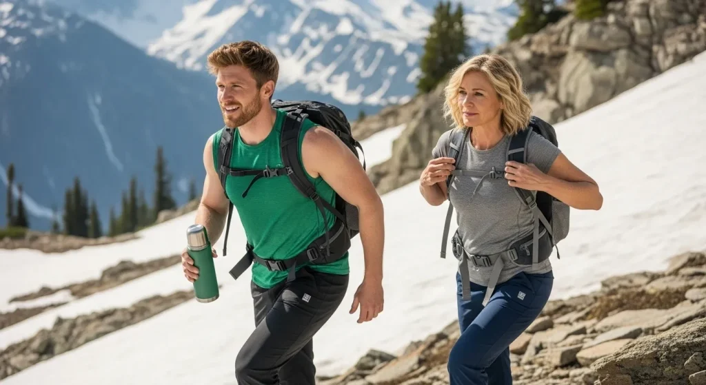 Couple de randonneurs sur un sentier alpin enneigé