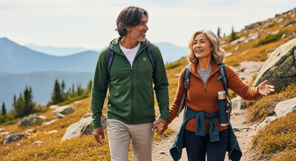Couple senior marchant main dans la main en montagne