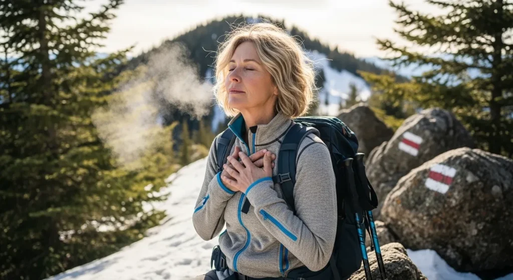 Femme en randonnée hivernale pratiquant la méditation active
