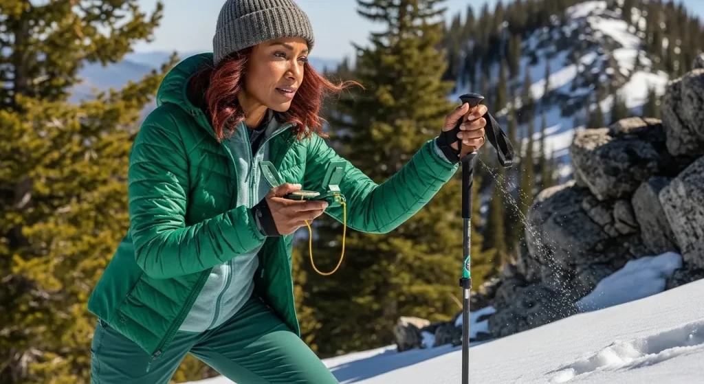 Femme utilisant une boussole en randonnée hivernale