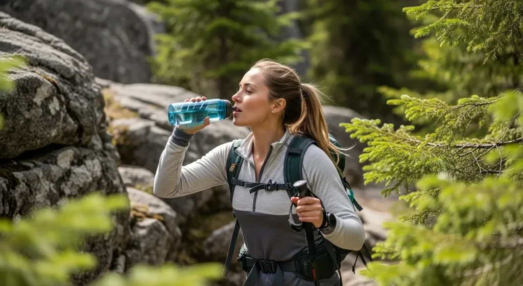 Femme faisant de la randonnée en forêt en hiver