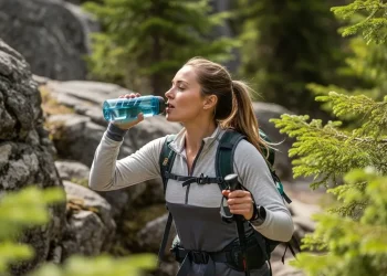 Femme faisant de la randonnée en forêt en hiver