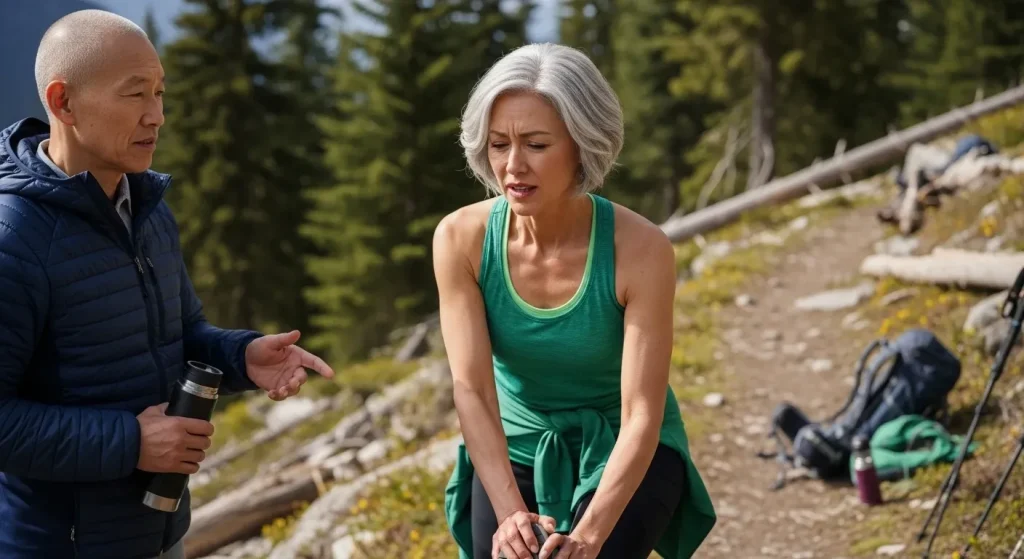 Randonneurs en montagne discutant d'étirements