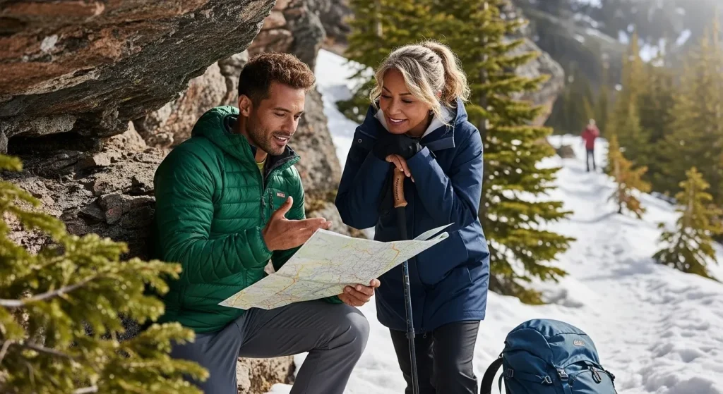 Randonneurs examinant une carte en montagne enneigée