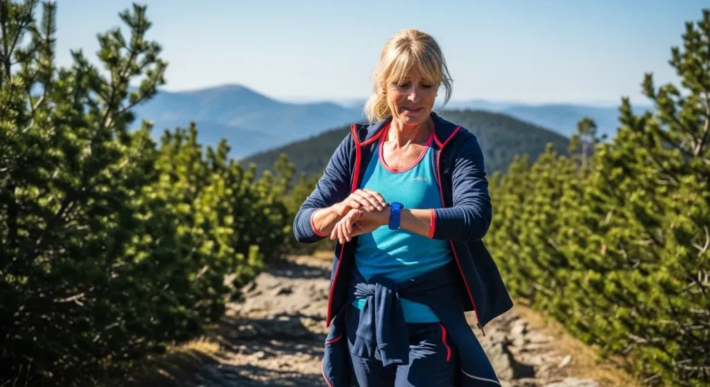 Randonneuse consultant son GPS dans les Vosges