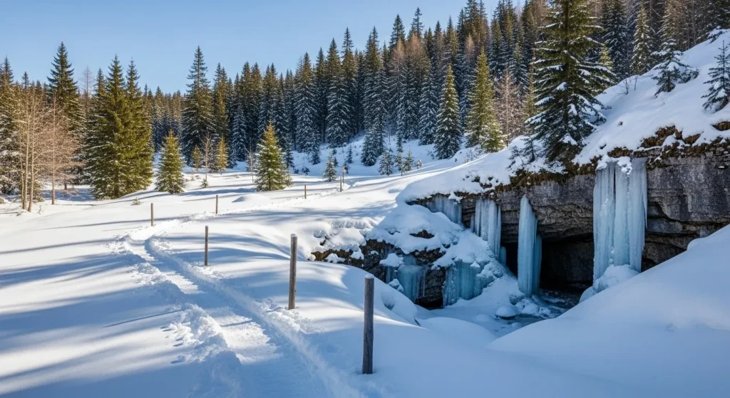 Sentier enneigé menant à des grottes glacées dans le Vercors