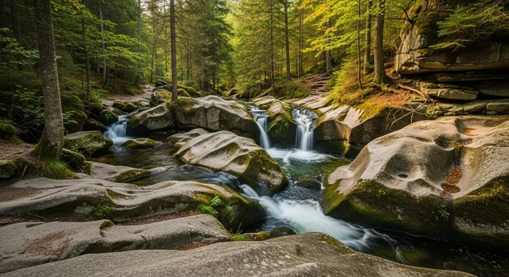 Cascades et forêt vosgienne avec traces de Charlemagne