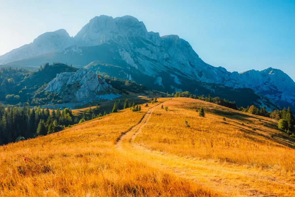 Coucher de soleil sur le massif de la montagne maglique vu de la selle de Prijevor dans le parc national de Sutjeska, le plus haut sommet de Bosnie-Herzégovine à l'heure d'or.