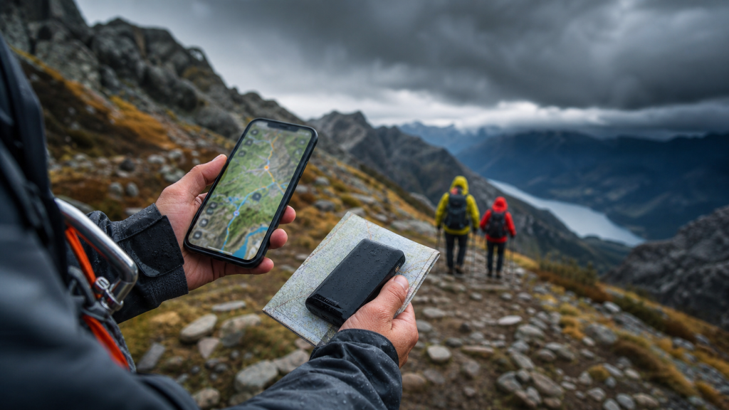 Randonneur consultant une carte GPS sur smartphone avec carte papier sous un ciel d’orage en montagne